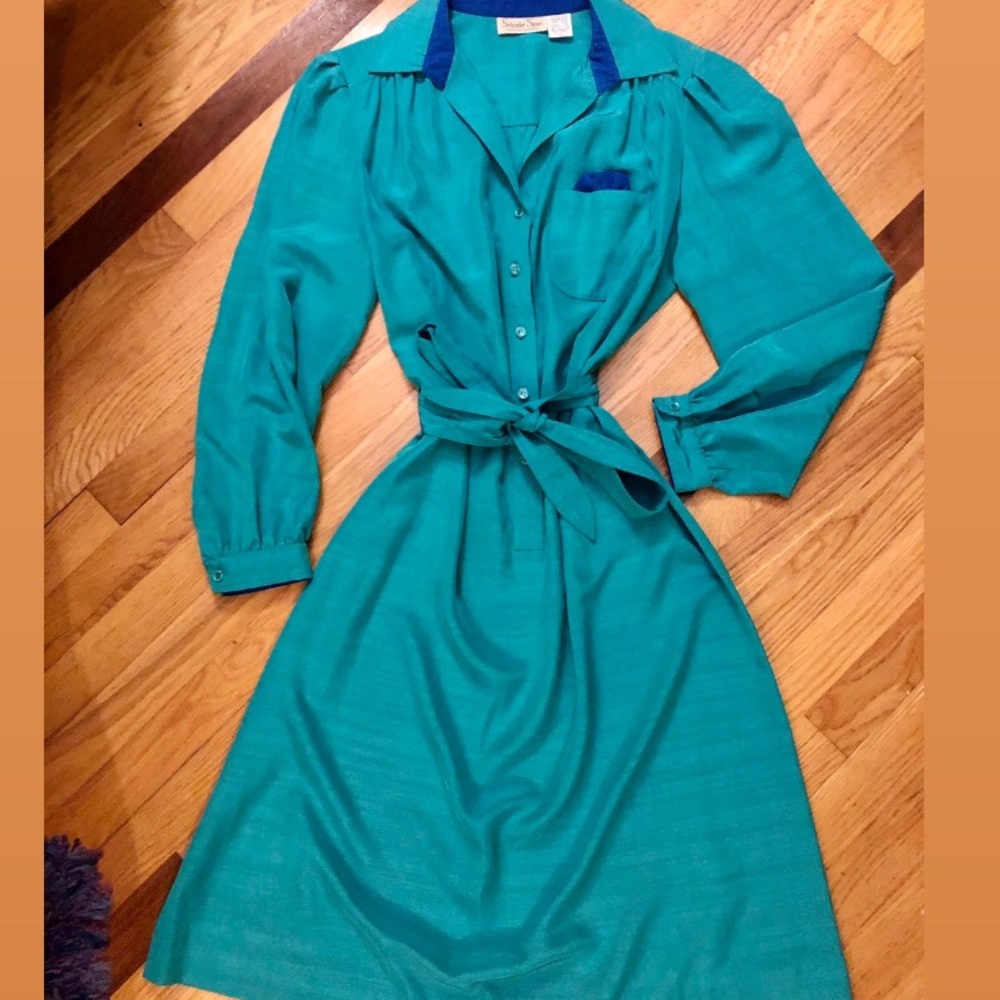Vintage 80’s does 40’s Teal Polyester Day Dress